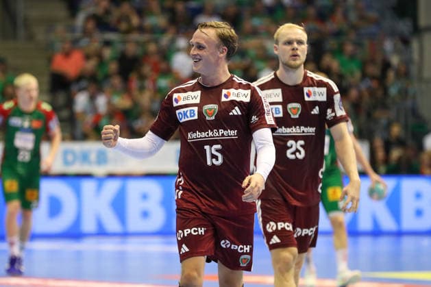 September 3, 2026, xgox, Handball Opel HBL SC Magdeburg vs. Füchse Berlin emspor, from left: Tobias Grondahl (Berlin), 15, cheering, goal celebration, celebrating the goal, Magdeburg