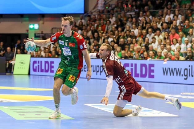 September 3, 2026, xgox, Handball Opel HBL SC Magdeburg vs. Füchse Berlin emspor, from left: Felix Claar (Magdeburg), 7, Mathias Gidsel (Berlin), 19; battle, duel, fight, tackle (Magdeburg)