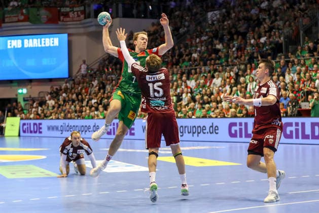 September 3, 2026, xgox, Handball, Opel HBL, SC Magdeburg vs. Füchse Berlin, emspor, from left: Felix Claar (Magdeburg), 7, Tobias Grondahl (Berlin), 15; one-on-one, duel, battle, tackle, Magdeburg