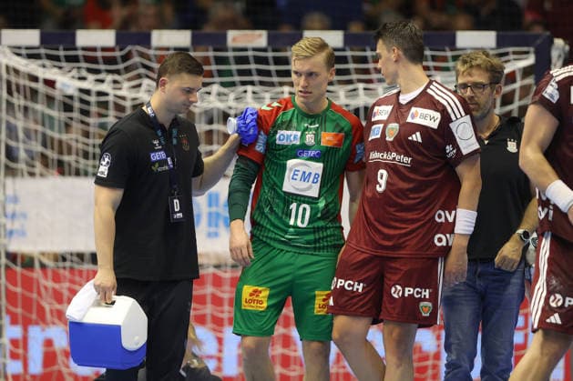 September 3, 2026, xtgx, Opel HBL Handball, SC Magdeburg vs. Füchse Berlin (emspor), from left: Gisli, Thorgeir, Kristjansson (Magdeburg); 10 injured; injury to right side: Frederik Simak (Berlin); 9 (Magdeburg)