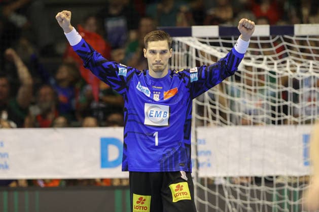 September 3, 2026, xtgx, Opel HBL Handball, SC Magdeburg vs. Füchse Berlin emspor, from left: Dominik Kuzmanovic (Magdeburg), 1: Celebrating a saved shot, blocked, saved, Magdeburg goalkeeper