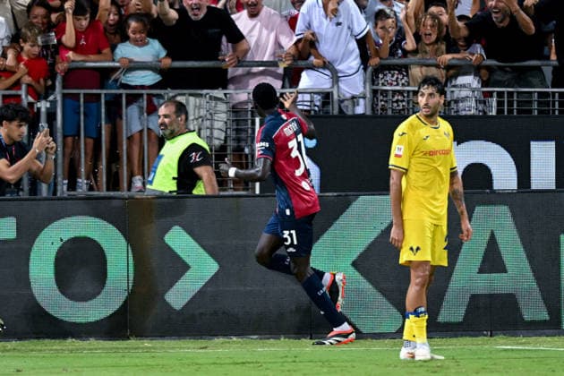 Cagliari s Paul Mendy celebrates after scoring the goal for 1-1 during the Coppa Italia Frecciarossa soccer match between Cagliari Calcio and Hellas Verona at the Unipol Domus in Cagliari, Sardinia - Thursday 3rd september 2026. - Soccer  Copyright: xGianlucaxZuddas LaPressex