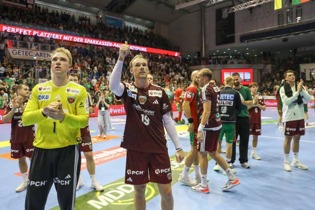 September 3, 2026, xtgx, Handball Opel HBL, SC Magdeburg vs. Füchse Berlin, emspor, from left: Berlin s Lasse Ludwig, No. 1, and Mathias Gidsel, No. 19, look disappointed, dejected, and downcast; Magdeburg