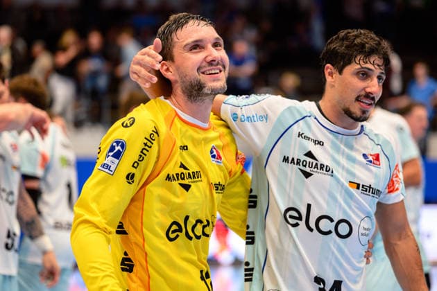 Daniel Rebmann of HBW Balingen Weilstetten, 12, and Yonatan Dayan of HBW Balingen Weilstetten, 34, celebrate after their victory over Eisenach (GER); ThSV Eisenach vs. HBW Balingen Weilstetten, 1 Opel Handball Bundesliga, Handball, Matchday 2, 2026–2027 season, September 3, 2026 GER, ThSV Eisenach vs. HBW Balingen Weilstetten, 1st Opel Handball Bundesliga, Handball, Matchday 2, 2026–2027 season, September 3, 2026 Eisenach Copyright: xMartinxHerbstx
