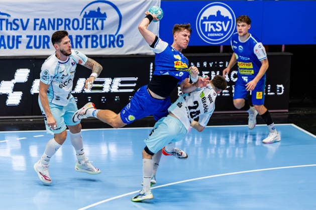 September 3, 2026, GER, Handball, Men, Season 26–27, Opel 1st Division, Matchday 2, ThSV Eisenach vs. HBW Balingen Weilstetten, Csaba Leimeter (HBW Balingen Weilstetten), Oskar Joelsson (ThSV Eisenach), 3, Elias Fuegel (HBW Balingen Weilstetten), 99817 Eisenach, Werner Assmann, Halle am Sportpark, Thuringia, Germany