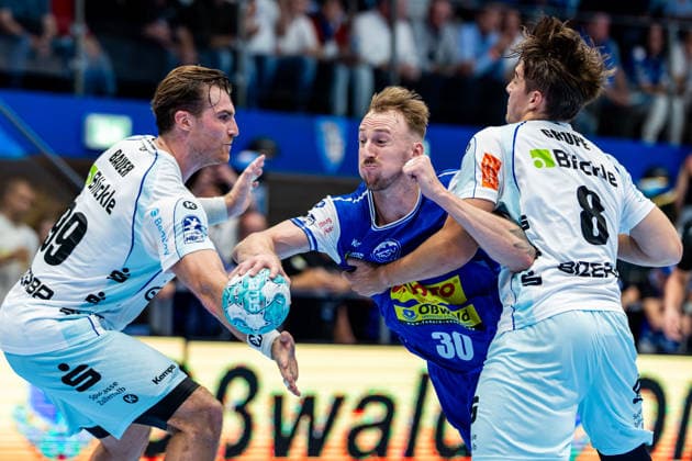 September 3, 2026, GER, Handball, Men, 2026–2027 Season, Opel 1st Division, Matchday 2, ThSV Eisenach vs. HBW Balingen Weilstetten, Stefan Bauer (HBW Balingen Weilstetten), Dominik Solak (ThSV Eisenach), 30, Magnus Grupe (HBW Balingen Weilstetten), 99817 Eisenach, Werner Assmann, Halle Am Sportpark, Thuringia, Germany