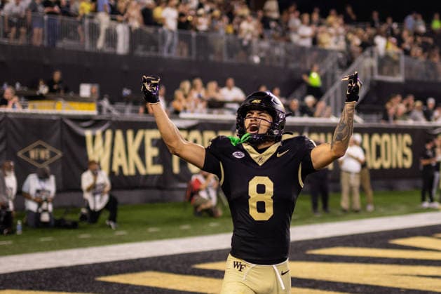 September 3, 2026: Wake Forest Demon Deacons wide receiver Carlos Hernandez (8) celebrates a touchdown against the Akron Zips during the first half of the NCAA, College League, USA football match up at Allegacy Stadium in Winston-Salem, NC. Mandatory Credit: -Cal Media NCAA Football 2026: Akron At Wake Forest Sep 03  - ZUMAc04_ 20260903_zma_c04_068 Copyright: xScottxKinserx