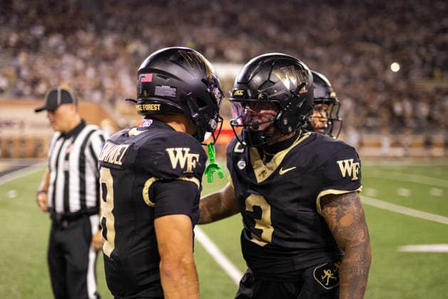 NCAA, College League, USA Football 2026: Akron At Wake Forest Sep 03 September 3, 2026: Wake Forest Demon Deacons wide receiver Carlos Hernandez (8) celebrates with quarterback Gio Lopez (3) after a touchdown against the Akron Zips in the first half of the NCAA football match up at Allegacy Stadium in Winston-Salem, NC. Mandatory Credit: Scott Kinser-Cal Media (Credit Image: Â Scott Kinser Cal Sport Media) Winston-Salem Nc United States EDITORIAL USE ONLY Copyright: xx ZUMA-20260903_zma_c04_063.jpg ScottxKinserx csmphotothree516533