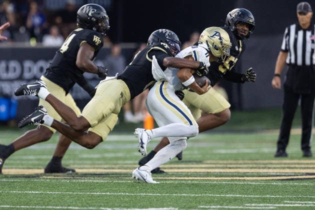 NCAA, College League, USA Football 2026: Akron At Wake Forest Sep 03 September 3, 2026: Wake Forest Demon Deacons cornerback Braylon Johnson (8) sacks Akron Zips quarterback Cibastian Broughton (11) during the first half of the NCAA football match up at Allegacy Stadium in Winston-Salem, NC. Mandatory Credit: Scott Kinser-Cal Media (Credit Image: Â Scott Kinser Cal Sport Media) Winston-Salem Nc United States EDITORIAL USE ONLY Copyright: xx ZUMA-20260903_zma_c04_073.jpg ScottxKinserx csmphotothree516536