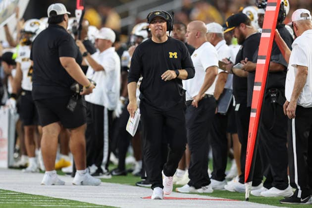 COLUMBIA, MO - SEPTEMBER 03: Eliah Drinkwitz of the Missouri Tigers on the sidelines in the first quarter of a college football game between the Arkansas-Pine Bluff Golden Lions and Missouri Tigers on Sep 3, 2026 at Memorial Stadium in Columbia, MO. (Photo by Scott Winters Icon Sportswire) COLLEGE FOOTBALL: SEP 03 Ark.-Pine Bluff at Missouri EDITORIAL USE ONLY Icon2609030123
