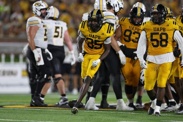 COLUMBIA, MO - SEPTEMBER 03: Michael Henderson 35 of the Arkansas-Pine Bluff Golden Lions flexes after recovering a fumble in the second quarter of a college football game between the Arkansas-Pine Bluff Golden Lions and Missouri Tigers on Sep 3, 2026 at Memorial Stadium in Columbia, MO. (Photo by Scott Winters Icon Sportswire) COLLEGE FOOTBALL: SEP 03 Ark.-Pine Bluff at Missouri EDITORIAL USE ONLY Icon2609030206