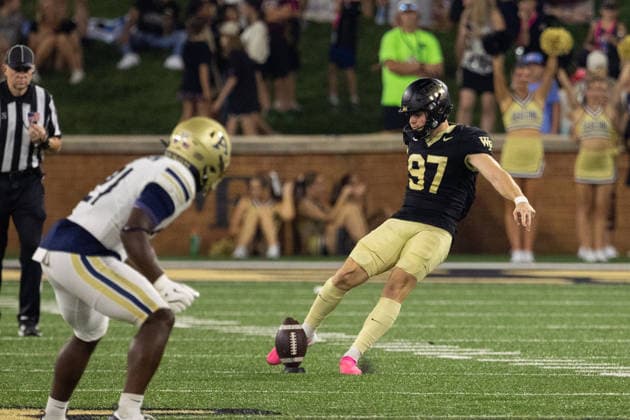 September 3, 2026: Wake Forest Demon Deacons kicker Caleb Carlson (97) kicks off during the first half against the Akron Zips in the NCAA, College League, USA football match up at Allegacy Stadium in Winston-Salem, NC. Mandatory Credit: -Cal Media NCAA Football 2026: Akron At Wake Forest Sep 03  - ZUMAc04_ 20260903_zma_c04_097 Copyright: xScottxKinserx