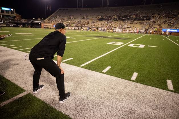 September 3, 2026: Wake Forest Demon Deacons head coach Jake Dickert looks on during the second half against the Akron Zips in the NCAA, College League, USA football match up at Allegacy Stadium in Winston-Salem, NC. Mandatory Credit: -Cal Media NCAA Football 2026: Akron At Wake Forest Sep 03  - ZUMAc04_ 20260903_zma_c04_096 Copyright: xScottxKinserx