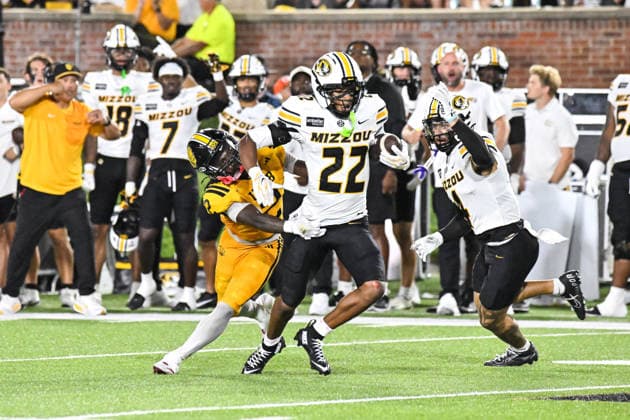 COLUMBIA, MO - SEPTEMBER 03: Arkansas-Pine Bluff Golden Lions wide receiver D Avery Robinson (2) has to tackle Missouri Tigers safety Elijah Dotson (22) after an interception only to have the play cancelled due to a penalty on Missouri during a non conference game between the Arkansas Pine Bluff Golden Lions and the Missouri Tigers held on Thursday September 03, 2026 at Faurot Field at Memorial Stadium in Columbia MO. (Photo by Rick Ulreich Icon Sportswire) COLLEGE FOOTBALL: SEP 03 Ark.-Pine Bluff at Missouri EDITORIAL USE ONLY Icon26090326