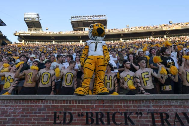 COLUMBIA, MO - SEPTEMBER 03: Missouri Tigers mascot Truman the Tiger stands on the wall in front of the student section before a college football game between the Arkansas-Pine Bluff Golden Lions and Missouri Tigers on Sep 3, 2026 at Memorial Stadium in Columbia, MO. (Photo by Scott Winters Icon Sportswire) COLLEGE FOOTBALL: SEP 03 Ark.-Pine Bluff at Missouri EDITORIAL USE ONLY Icon2609030796