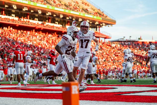 UMass Minutemen v Rutgers Scarlet Knights - NCAA, College League, USA FBS Football Elijah Faulkner and Dallas Elliott of the UMass Minutemen celebrate a touchdown during an NCAA FBS football game at SHI Stadium in Piscataway, United States, on September 3, 2026. Piscataway United States  Copyright: xDanxSquicciarinix originalFilename:squicciarini-umassmin260903_npHXQ.jpg