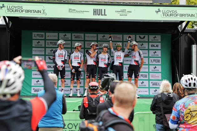 2026 Lloyds Tour of Britain Men Picture by Alex Whitehead SWpix.com - 04 09 2026 - Cycling - UCI ProSeries - 2026 Lloyds Tour of Britain Men - Stage 3: Hull to Beverly (194.1km) - Mikkel Norsgaard Bjerg, Benoit Cosnefroy, Felix Grossschartner, Nils Politt, Florian Vermeersch, Tim Wellens (UAE Team Emirates XRG) Copyright: x xSWpix.comx(t axPhotographyxHubxLtd)xAlexxWhitehead SWpix.comx SWP-3030-21977