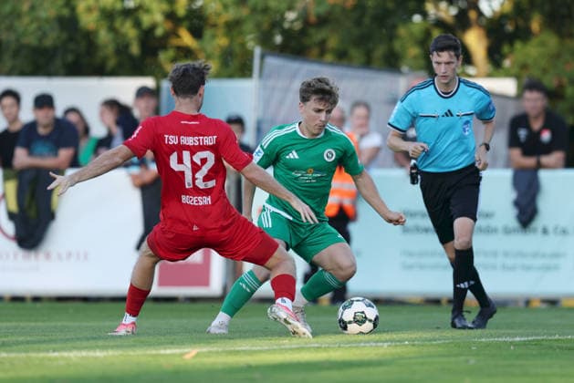 September 4, 2026, Men s, Soccer, 2026–2027 Season, Bavarian Regional League, Matchday 7: TSV Aubstadt vs. SpVgg Ansbach; Fabio Bozesan (42), TSV Aubstadt, and Nico Hayer (28), SpVgg Ansbach; Sulzfeld School Stadium, Aubstadt; NGN Arena, Bavaria, Germany