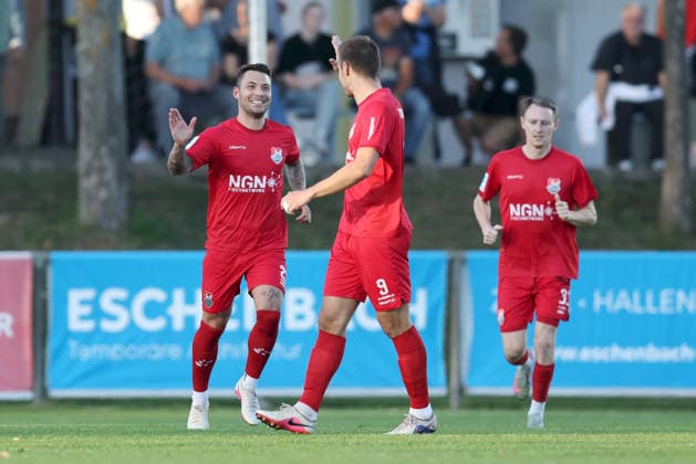 September 4, 2026, Men s Soccer, 2026–2027 Season, Bavarian Regional League, Matchday 7: TSV Aubstadt vs. SpVgg Ansbach. TSV Aubstadt celebrates the early 1–0 lead; from left: Ingo Feser (23), TSV Aubstadt, and Max Grimm (9), TSV Aubstadt. Sulzfeld Schulstadion, Aubstadt, NGN Arena, Bavaria, Germany