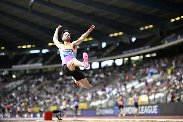Greece s Miltiadis Tentoglou pictured in action during the long jump event, at the 50th edition of the Memorial Van Damme Diamond League athletics event in Brussels, Friday 4 September 2026. JASPERxJACOBS  x185248571x