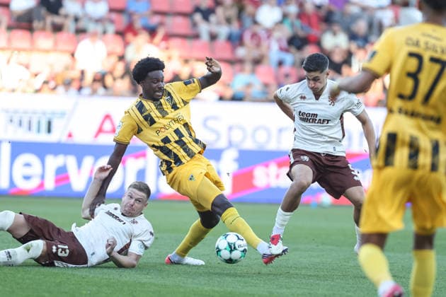 3rd Division FC Ingolstadt 04 vs. Alemannia Aachen: Tackle, Battle for the Ball—Lars Lokotsch 13, FCI Georgios Antzoulas 6, FCI Gideon Jung 21 AA 3rd Division FC Ingolstadt 04 2026–2027 season Alemannia Aachen