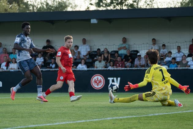 September 4, 2026, xhfmx, Regionalliga Southwest Soccer, Eintracht Frankfurt II vs. FC Astoria Walldorf – Marcel Carl (FC Astoria Walldorf) falls to Amil Siljevic (Eintracht Frankfurt U21 Dreieich)