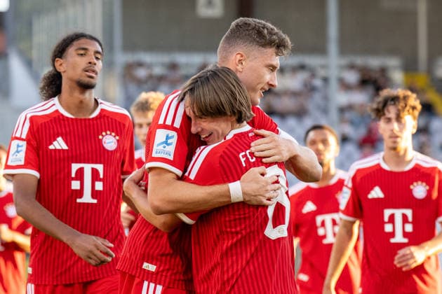 Goal, 1-0, for FC Bayern Amateurs; goal scorer: David Heindl 5, FC Bayern Munich Amateurs, Noah Codjo Evora 9, FC Bayern Munich Amateurs; Bohdan Olychenko 8, FC Bayern Munich Amateurs; FC Bayern II vs. VfB Eichstätt, soccer, Bavarian Regional League, Matchday 7, September 4, 2026. DFB regulations prohibit any use of photographs as image sequences and or quasi-video. Munich, Bavaria, Germany Copyright: xkolbert-press UlrichxGamelx
