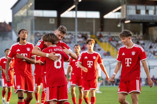 Goal, 1-0, for FC Bayern Amateurs. Goal scorers: David Heindl (5), FC Bayern Munich Amateurs; Bohdan Olychenko (8), FC Bayern Munich Amateurs; FC Bayern II vs. VfB Eichstätt, soccer, Bavarian Regional League, Matchday 7, September 4, 2026. DFB regulations prohibit any use of photographs as image sequences and or quasi-video. Munich, Bavaria, Germany Copyright: xkolbert-press UlrichxGamelx