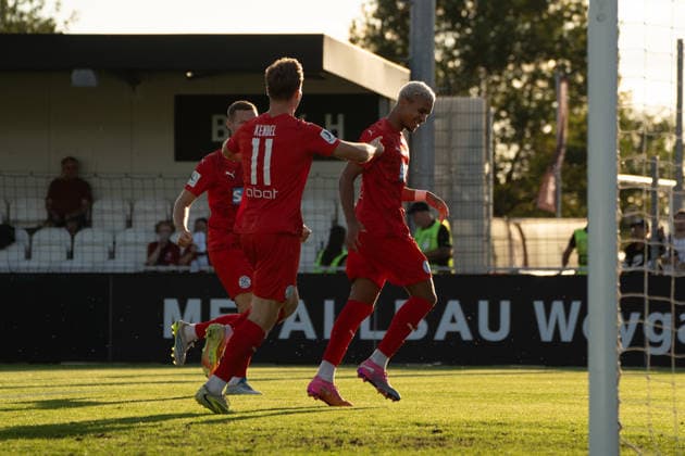 September 4, 2026, xhfmx, Regionalliga Southwest soccer, Eintracht Frankfurt II vs. FC Astoria Walldorf; Felix Kendel of FC Astoria Walldorf and Kenny Freßle of FC Astoria Walldorf celebrate the 0-1 goal against Eintracht Frankfurt, Goal, Jubilation, Celebration, Dreieich