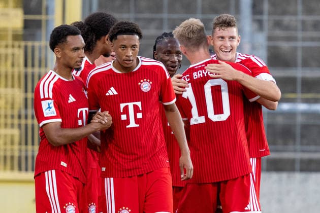 Goal celebration for the 2-0 lead, FC Bayern Amateurs, FC Bayern II vs. VfB Eichstätt, soccer, Bavarian Regional League, Matchday 7, September 4, 2026. DFB regulations prohibit any use of photographs as image sequences and or quasi-video. Munich, Bavaria, Germany Copyright: xkolbert-press UlrichxGamelx