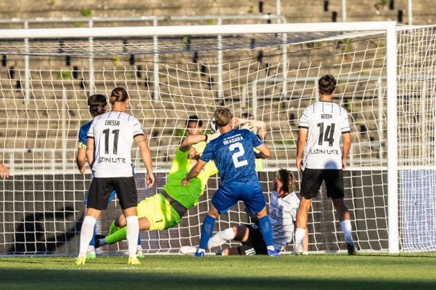 SSV Ulm 1846 Soccer vs. SGV Freiberg Heilbronn, Soccer, Regionalliga Southwest, Matchday 5, Donaustadion Ulm, September 4, 2026—shot on goal, goal celebration, cheers, joy after a goal—Tino Bradara scores the second goal (0–2) for SGV Heilbronn Freiberg, 2nd goal; SSV Ulm 1846 Soccer vs. SGV Freiberg Heilbronn, Soccer, Regionalliga Southwest, Matchday 5, Donaustadion Ulm, September 26, 2004; Photo by Lucca Fundel, Ulm Donaustadion, Baden-Württemberg, Germany