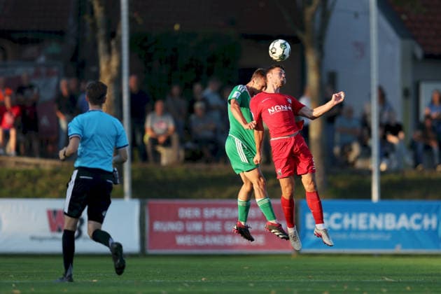 September 4, 2026, Men s, Soccer, 2026–2027 season, Bavarian Regional League, Matchday 7: TSV Aubstadt vs. SpVgg Ansbach; Max Grimm 9 (TSV Aubstadt) and Lukas Oberseider 15 (SpVgg Ansbach); Sulzfeld School Stadium, Aubstadt, NGN Arena, Bavaria, Germany
