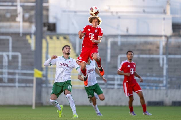 Bohdan Olychenko 8, FC Bayern Munich Amateurs, header; Pascal Schittler 32, VfB Eichstätt; FC Bayern II vs. VfB Eichstätt; soccer; Bavarian Regional League; Matchday 7; September 4, 2026 DFB regulations prohibit any use of photographs as image sequences and or quasi-video Munich, Bavaria, Germany Copyright: xkolbert-press UlrichxGamelx