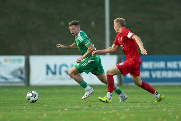 September 4, 2026, Men s, Soccer, 2026–2027 Season, Bavarian Regional League, Matchday 7: TSV Aubstadt vs. SpVgg Ansbach; Riko Manz (29), SpVgg Ansbach, and Steffen Behr (16), TSV Aubstadt; Sulzfeld School Stadium, Aubstadt; NGN Arena, Bavaria, Germany