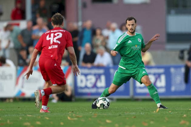 September 4, 2026, Men s, Soccer, 2026–2027 season, Bavarian Regional League, Matchday 7: TSV Aubstadt vs. SpVgg Ansbach; Eric Weeger (25), SpVgg Ansbach, and Fabio Bozesan (42), TSV Aubstadt; Sulzfeld School Stadium, Aubstadt; NGN Arena, Bavaria, Germany