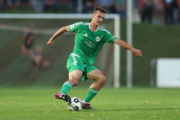 September 4, 2026, Men s, Soccer, 2026–2027 Season, Bavarian Regional League, Matchday 7: TSV Aubstadt vs. SpVgg Ansbach; Lukas Oberseider 15; SpVgg Ansbach in possession; Sulzfeld School Stadium, Aubstadt; NGN Arena, Bavaria, Germany