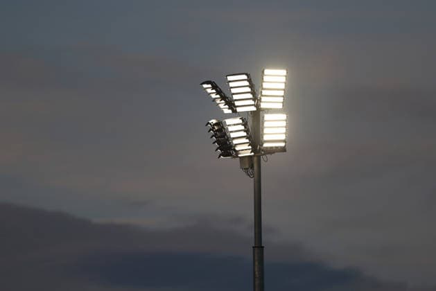 September 4, 2026, Men s Soccer, 2026–2027 Season, Bavarian Regional League, Matchday 7: TSV Aubstadt vs. SpVgg Ansbach (stock photo), LED floodlights at Sulzfeld School Stadium, Aubstadt NGN Arena, Bavaria, Germany