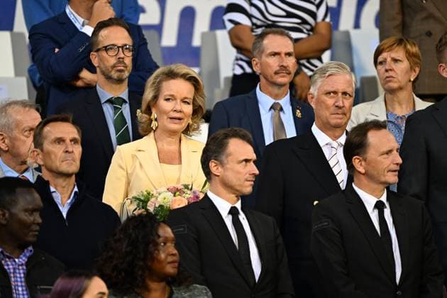 Queen Mathilde of Belgium; King Philippe - Filip of Belgium; Memorial organizer Cedric Van Branteghem and BOIC - COIB chairman Jean-Michel Saive are pictured at the 50th edition of the Memorial Van Damme Diamond League athletics event in Brussels, Friday 4 September 2026. JASPERxJACOBS  x185253083x