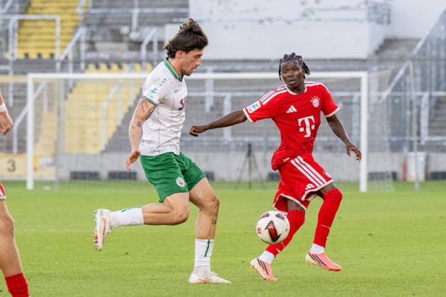 Moritz Guendling 9 VfB Eichstätt, Oluwaseyi Wilson 7 FC Bayern Munich Amateurs, FC Bayern II vs. VfB Eichstätt, Soccer, Bavarian Regional League, Matchday 7, September 4, 2026. DFB regulations prohibit any use of photographs as image sequences and or quasi-video. Munich, Bavaria, Germany Copyright: xkolbert-press UlrichxGamelx