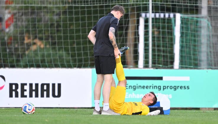 September 4, 2026 Soccer Season 2026–2027 Bavarian Regional League Matchday 07 SC Eltersdorf vs. SCE Quecken FV Illertissen xwoxzix Daniel Adamczyk 1, FV Illertissen (FVI) down and injured on the ground