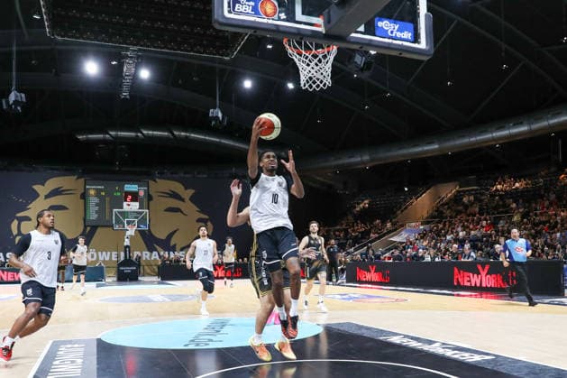 September 4, 2026, xgox, Basketball Exhibition Game: Basketball, Löwen Braunschweig vs. Bamberg Baskets, emspor, from left: Mylik Wilson (Bamberg), No. 10 with the ball, plays the ball (Braunschweig)