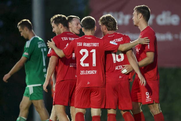 September 4, 2026, Men s, Soccer, 2026–2027 season, Bavarian Regional League, Matchday 7: TSV Aubstadt vs. SpVgg Ansbach. Celebrating the 2–0 goal, from left: Fabio Bozesan (42), TSV Aubstadt; Joshua Endres (33), TSV Aubstadt, Egor Zelenskiy (21), TSV Aubstadt, Marvin Weiß (18), TSV Aubstadt, and Max Grimm (9), TSV Aubstadt; Sulzfeld School Stadium, Aubstadt; NGN Arena, Bavaria, Germany