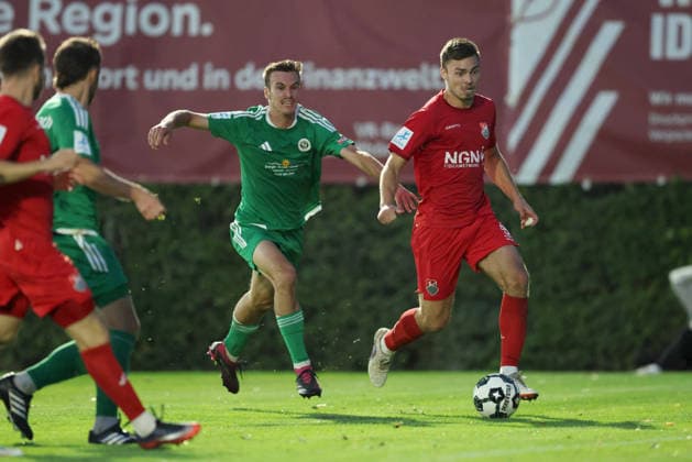September 4, 2026, Men s, Soccer, 2026–2027 season, Bavarian Regional League, Matchday 7: TSV Aubstadt vs. SpVgg Ansbach; Lukas Oberseider (15, SpVgg Ansbach) and Max Grimm (9, TSV Aubstadt); Sulzfeld School Stadium, Aubstadt; NGN Arena, Bavaria, Germany