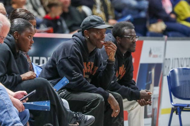 September 4, 2026, xgox, Basketball Exhibition Game: Basketball, Loewen Braunschweig vs. Bamberg Baskets, emspor, from left: Dennis Schröder watches the exhibition game in Braunschweig