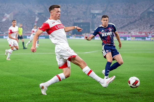 04.09.2026, Fußball, VfB Stuttgart - 1. FC Köln, 1. Fußball Bundesliga, 2. Spieltag, MHP-Arena, Saison 2026 2027: Dzenan Pejcinovic (VfB Stuttgart 17) beim Schuss auf das Tor DFB regulations prohibit any use of photographs as image sequences and or quasi-video. Baden-Württemberg Deutschland *** September 4, 2026, Soccer, VfB Stuttgart vs. 1. FC Köln, Bundesliga 1, Matchday 2, MHP Arena, 2026–2027 season. Dzenan Pejcinovic (VfB Stuttgart, No. 17) taking a shot on goal. DFB regulations prohibit any use of photographs as image sequences and or quasi-video. Baden-Württemberg, Germany