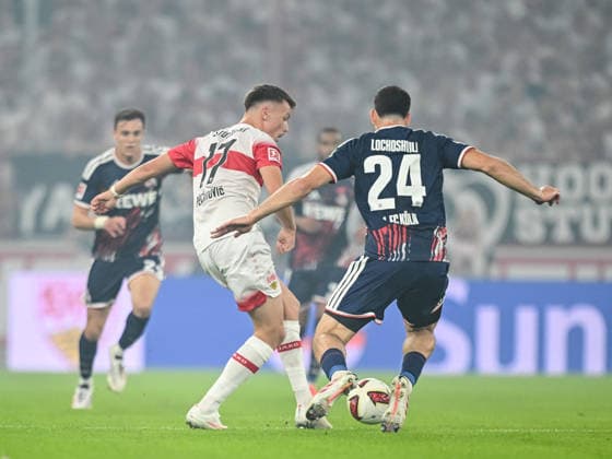 Dzenan Pejcinovic (VfB Stuttgart) und Luka Lochoshvili (1.FC Koeln) im Zweikampf waehrend des spiels der 1. Bundesliga zwischen VfB Stuttgart und 1. FC Koeln, MHPArena am 04. September 2026 in Stuttgart, Deutschland. (Foto von Harry Langer DeFodi Images) +++ Dzenan Pejcinovic (VfB Stuttgart) und Luka Lochoshvili (1.FC Koeln) battle for the ball during the Bundesliga match between VfB Stuttgart and 1. FC Koeln at MHPArena on September 4, 2026 in Stuttgart, Germany. (Photo by Harry Langer DeFodi Images) DFB DFL REGULATIONS PROHIBIT ANY USE OF PHOTOGRAPHS AS IMAGE SEQUENCES AND OR QUASI-VIDEO. (Photo by Harry Langer DeFodi Images) DFB DFL REGULATIONS PROHIBIT ANY USE OF PHOTOGRAPHS AS IMAGE SEQUENCES AND OR QUASI-VIDEO. - *** Dzenan Pejcinovic of VfB Stuttgart and Luka Lochoshvili of 1. FC Köln battle for the ball during the Bundesliga match between VfB Stuttgart and 1. FC Köln at the MHP Arena on September 4, 2026, in Stuttgart, Germany Photo by Harry Langer DeFodi Images Dzenan Pejcinovic of VfB Stuttgart and Luka Lochoshvili of 1. FC Köln battle for the ball during the Bundesliga match between VfB Stuttgart and 1. FC Köln at MHPArena on September 4, 2026, in Stuttgart, Germany. Photo by Harry Langer, DeFodi Images. DFB and DFL regulations prohibit any use of photographs as image sequences and or quasi-video. Photo by Harry Langer, DeFodi Images. DFB and DFL regulations prohibit any use of photographs as imSEQUENCES AND OR QUASI-VIDEO