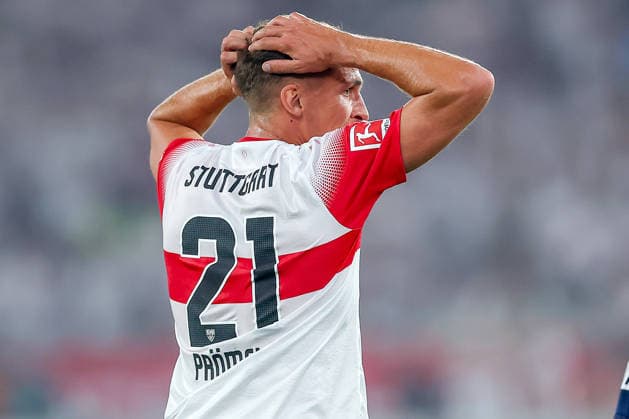 04.09.2026, Fußball, VfB Stuttgart - 1. FC Köln, 1. Fußball Bundesliga, 2. Spieltag, MHP-Arena, Saison 2026 2027: Grischa Prömel (VfB Stuttgart 21) enttäuscht Enttäuschung gestikulierend auf dem Spielfeld DFB regulations prohibit any use of photographs as image sequences and or quasi-video. Baden-Württemberg Deutschland *** September 4, 2026, Soccer, VfB Stuttgart vs. 1. FC Köln, 1 Bundesliga, Matchday 2, MHP Arena, 2026–2027 season, Grischa Prömel, VfB Stuttgart 21, disappointed, gesturing in frustration on the field. DFB regulations prohibit any use of photographs as image sequences and or quasi-video. Baden-Württemberg, Germany