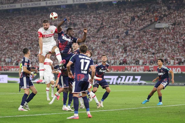 2026.09.04, Deutschland, Stuttgart Fußball VfB Stuttgart vs. 1. FC Köln, Jeff Chabot (VfB) Ragnar Ache (Köln) Gemäß den Vorgaben der DFL Deutsche Fußball Liga ist es untersagt, in dem Stadion und oder vom Spiel angefertigte Fotoaufnahmen in Form von Sequenzbildern und oder videoähnlichen Fotostrecken zu verwerten bzw. verwerten zu lassen. DFL, DFB regulations prohibit any use of photographs as image sequences and or quasi-video. *** September 4, 2026, Germany, Stuttgart: Soccer – VfB Stuttgart vs. 1. FC Köln, Jeff Chabot (VfB) and Ragnar Ache (Cologne). In accordance with the regulations of the DFL (German Soccer League), it is prohibited to use or allow the use of photographs taken in the stadium and or during the game in the form of image sequences and or video-like photo series. DFL, DFB regulations prohibit any use of photographs as image sequences and or quasi-video