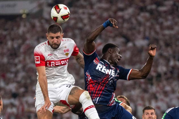 Julian Gaston Chabot (VfB Stuttgart) und Ragnar Prince Friedel Ache (1.FC Köln). xettx, Deutschland, Stuttgart, 04.09.2026, Fussball, Bundesliga: VfB Stuttgart vs 1. FC Koeln, Saison 2026 2027, 2. Spieltag, MHP Arena DFL DFB REGULATIONS PROHIBIT ANY USE OF PHOTOGRAPHS AS IMAGE SEQUENCES AND OR QUASI-VIDEO. *** Julian Gaston Chabot, VfB Stuttgart, and Ragnar Prince Friedel, Ache 1 FC Köln xettx, Germany, Stuttgart, September 4, 2026, Soccer, Bundesliga: VfB Stuttgart vs. 1 FC Köln, 2026–2027 season, Matchday 2, MHP Arena. DFL and DFB regulations prohibit any use of photographs as image sequences and or quasi-video.