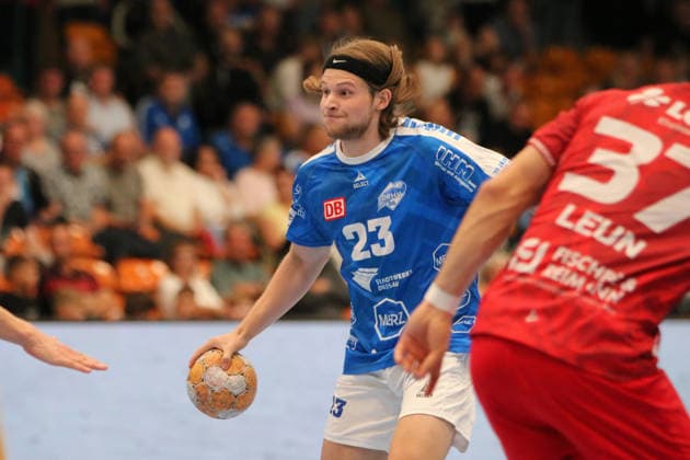 September 4, 2026 Men s Handball 2026–2027, Handball Bundesliga 2, Matchday 2: Dessau Roßlauer HV 06 vs. Eulen Ludwigshafen at Anhalt Arena, Dessau; Mika Schüler (Dessau), 23, in blue with the ball, Dessau Roßlau, Saxony-Anhalt, Germany